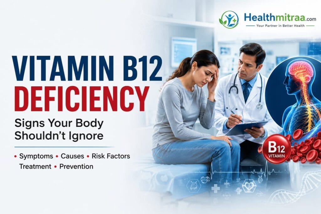 Doctor explaining vitamin B12 deficiency to a patient with a medically accurate 3D brain and nervous system illustration in a modern hospital, highlighting symptoms, causes, treatment, and prevention.