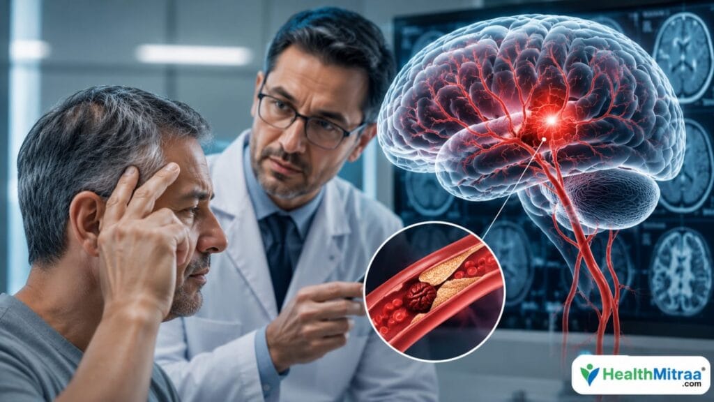 Doctor explaining stroke using a realistic 3D brain model during a medical consultation.