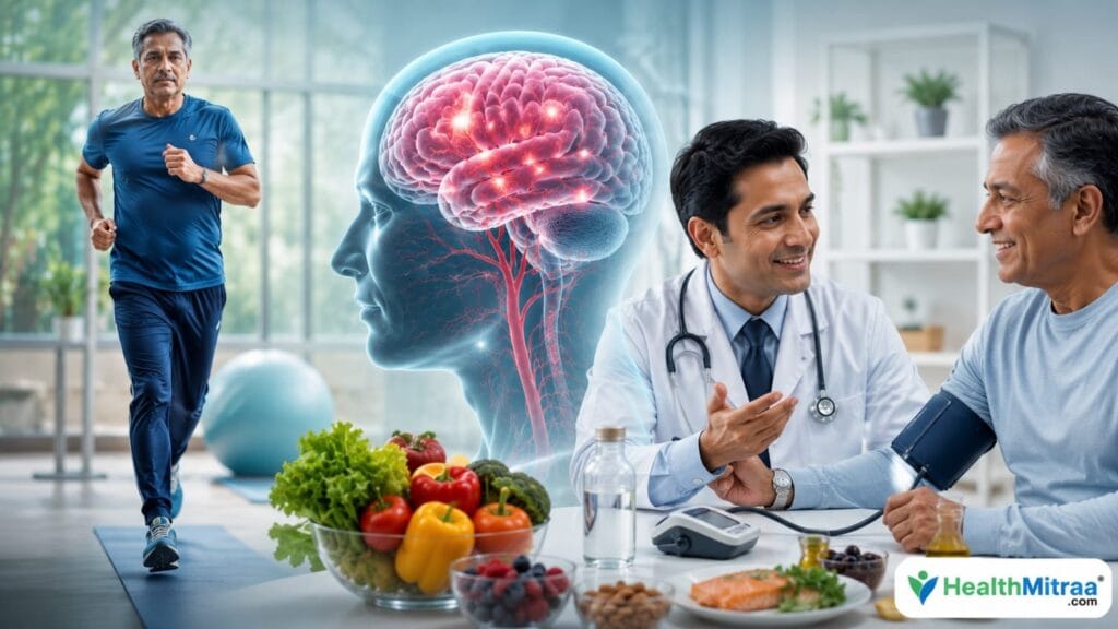 Healthy lifestyle including exercise, nutritious food, blood pressure monitoring, and brain health for stroke prevention.