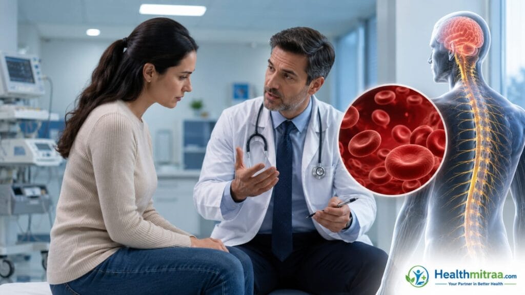 Doctor explaining vitamin B12 deficiency to a patient with a medically accurate 3D illustration of healthy red blood cells and the nervous system in a modern hospital.