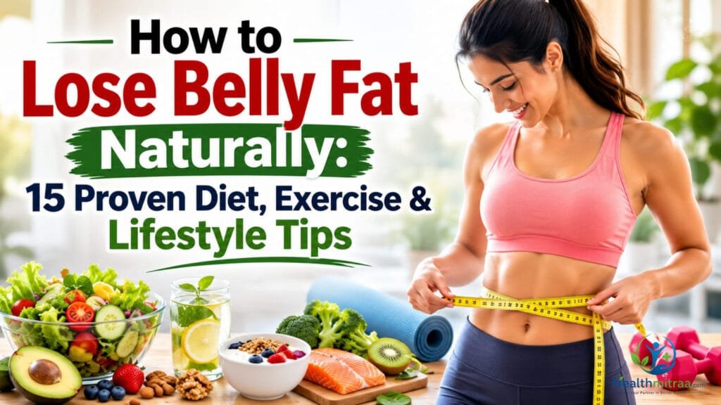 Healthy lifestyle for natural belly fat loss with nutritious food and regular exercise.