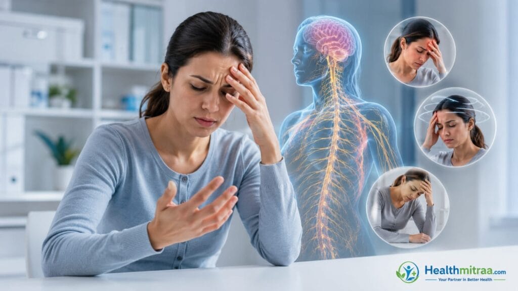 Woman experiencing fatigue, numbness in her hands, dizziness, and weakness as common warning signs of vitamin B12 deficiency with a transparent 3D nervous system illustration.