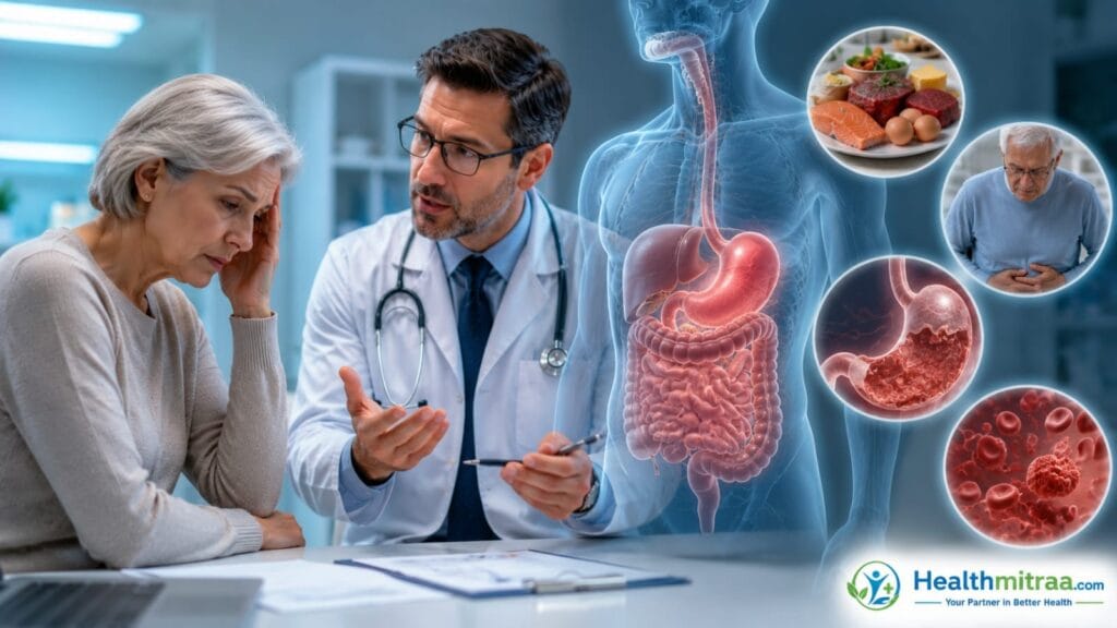 Medical scene showing common causes of vitamin B12 deficiency including poor diet, digestive disorders, aging, pernicious anemia, and vitamin B12 malabsorption with a 3D digestive system illustration.