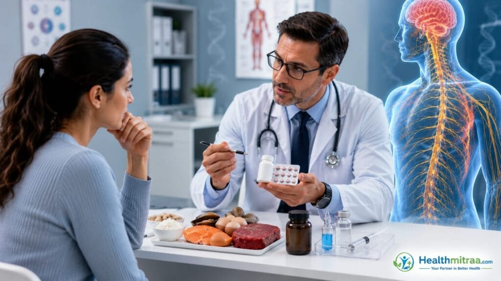 Doctor advising a patient about vitamin B12 deficiency treatment with vitamin B12-rich foods, supplements, injections, and a medically accurate 3D nervous system illustration.