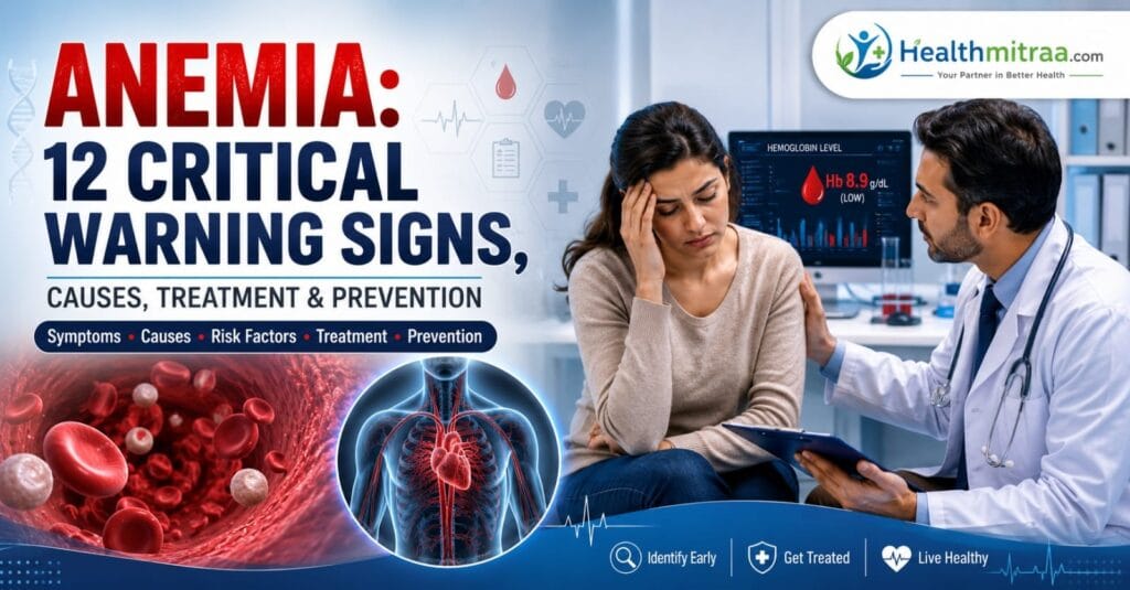 Professional doctor examining a patient with anemia symptoms alongside a 3D illustration of red blood cells for an article about anemia warning signs, causes, treatment, and prevention.