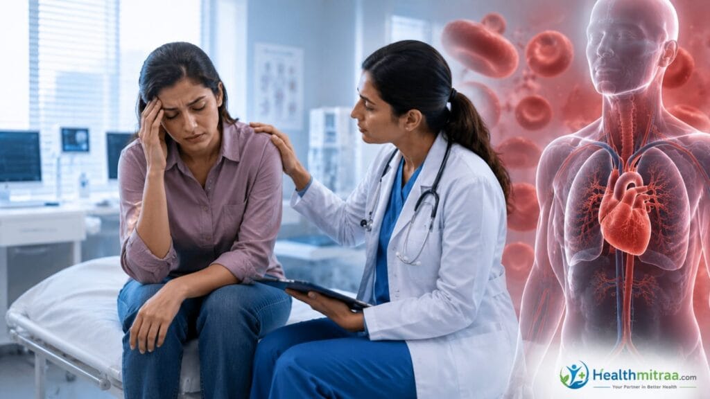Woman experiencing fatigue, dizziness, and weakness as common warning signs of anemia.