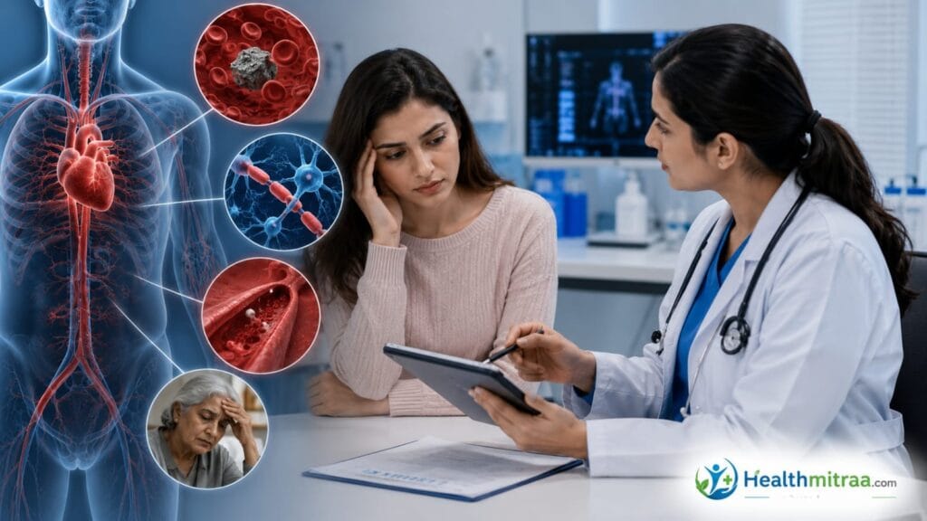 Medical illustration showing iron deficiency, vitamin B12 deficiency, blood loss, and chronic disease as common causes of anemia.