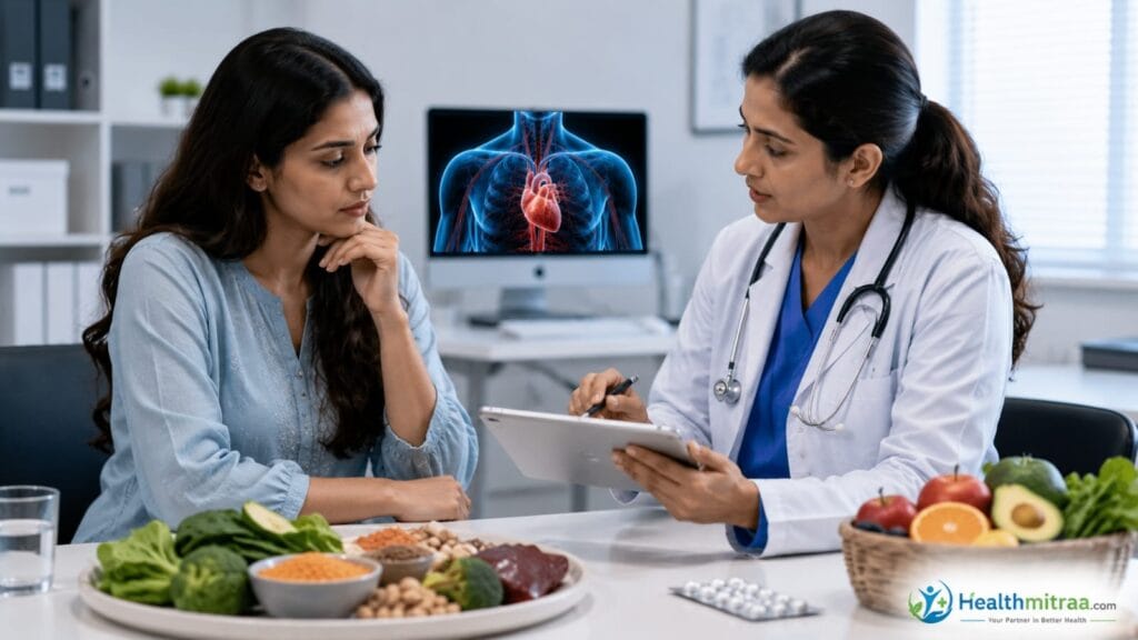 Doctor advising a patient about anemia treatment, healthy diet, iron-rich foods, and prevention strategies.