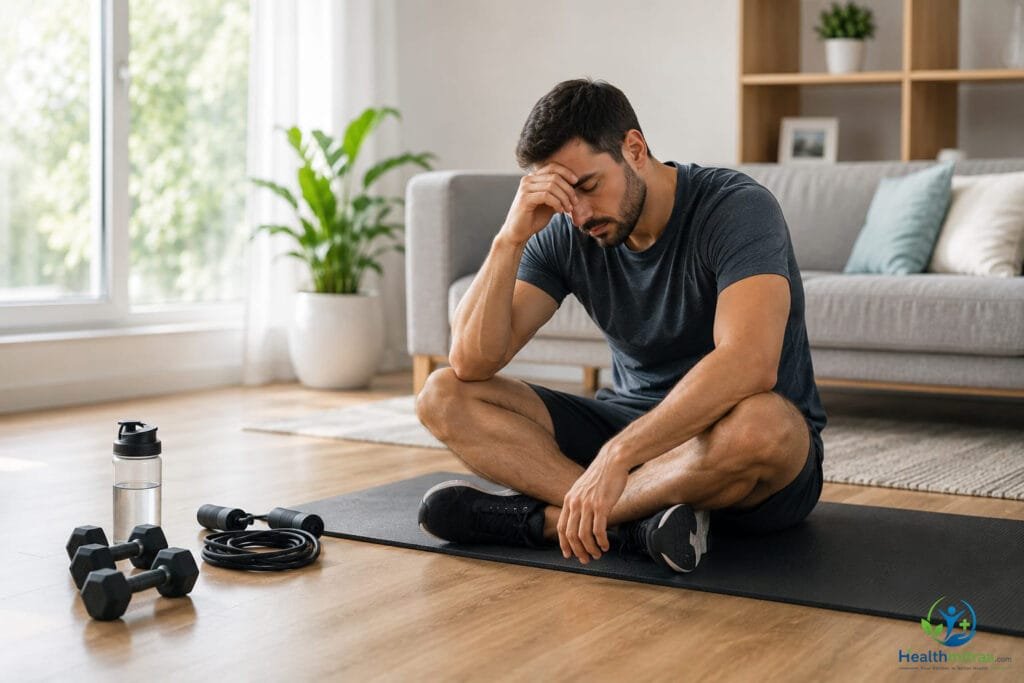 Person showing common home workout mistakes in a modern home