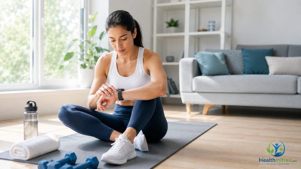 Person preparing safely for a home workout in a modern home