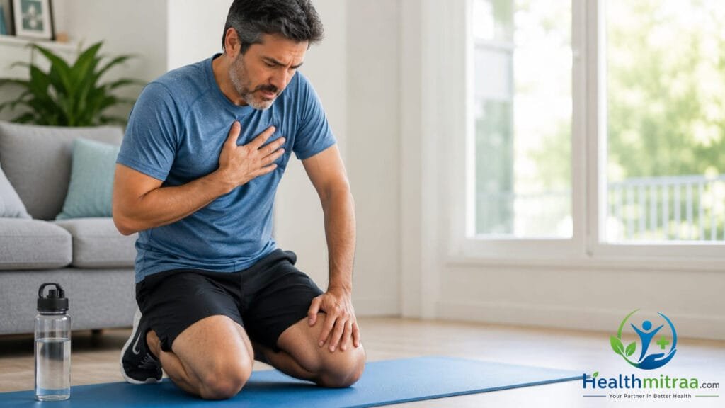 Person stopping exercise due to chest pain during a home workout