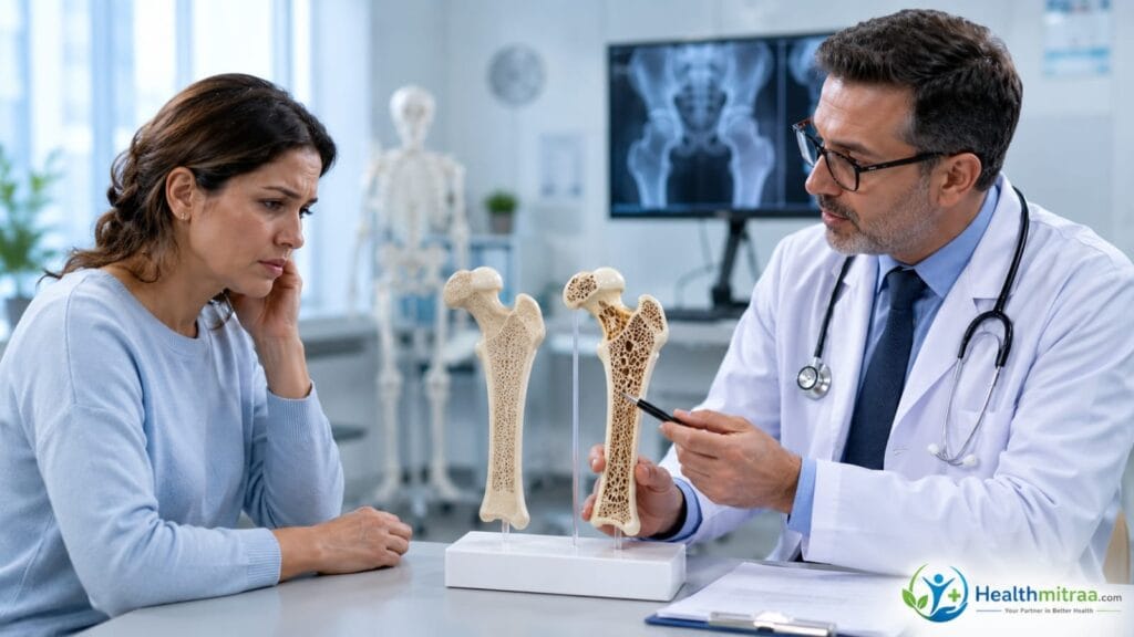 Medical illustration showing healthy and vitamin D-deficient bones with a doctor explaining vitamin D deficiency to a patient.