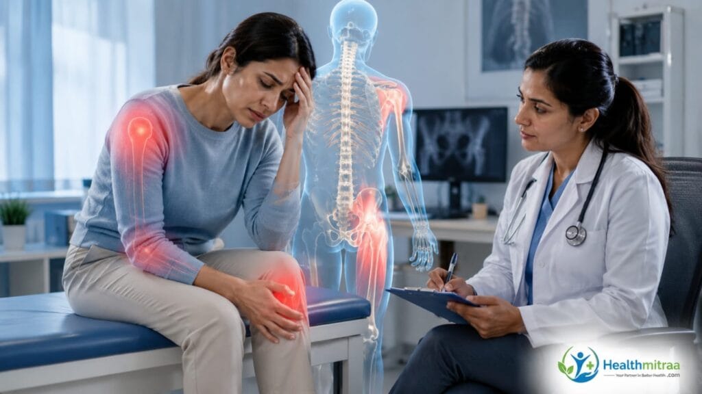 Woman experiencing fatigue, muscle weakness, and bone pain as common warning signs of vitamin D deficiency.