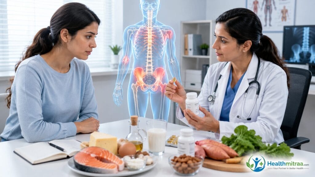 Doctor advising a patient about vitamin D deficiency treatment with vitamin D-rich foods, supplements, and healthy sun exposure.