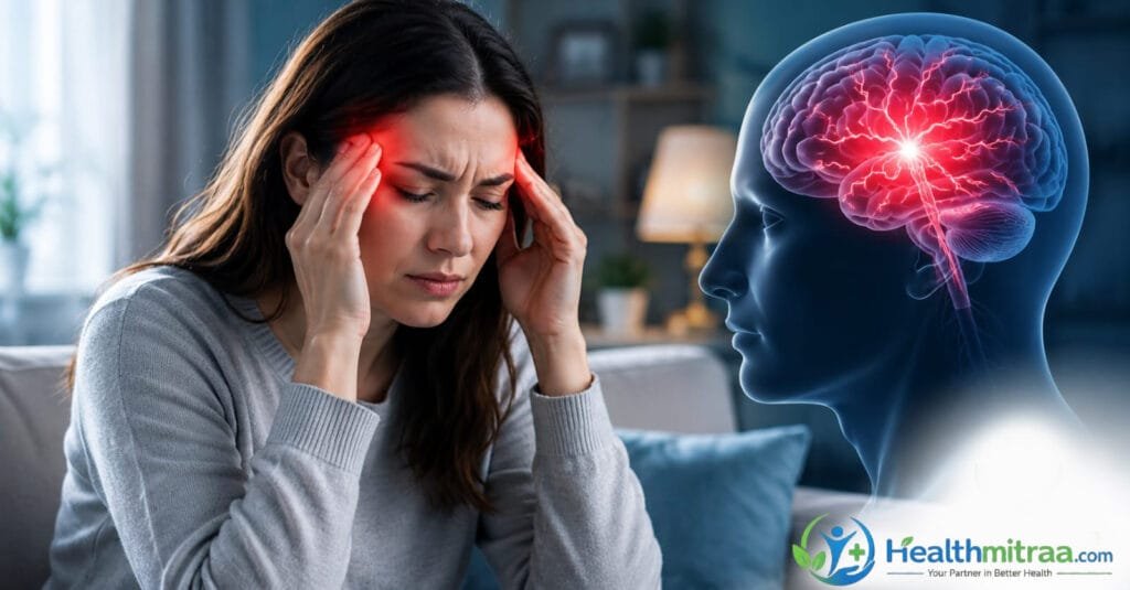 Person experiencing a migraine headache with a 3D brain illustration showing pain.