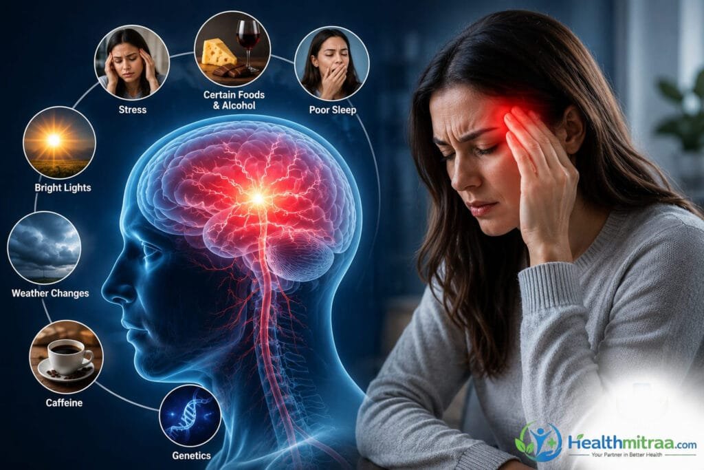 Common migraine triggers including stress, poor sleep, bright lights, caffeine, and genetics.