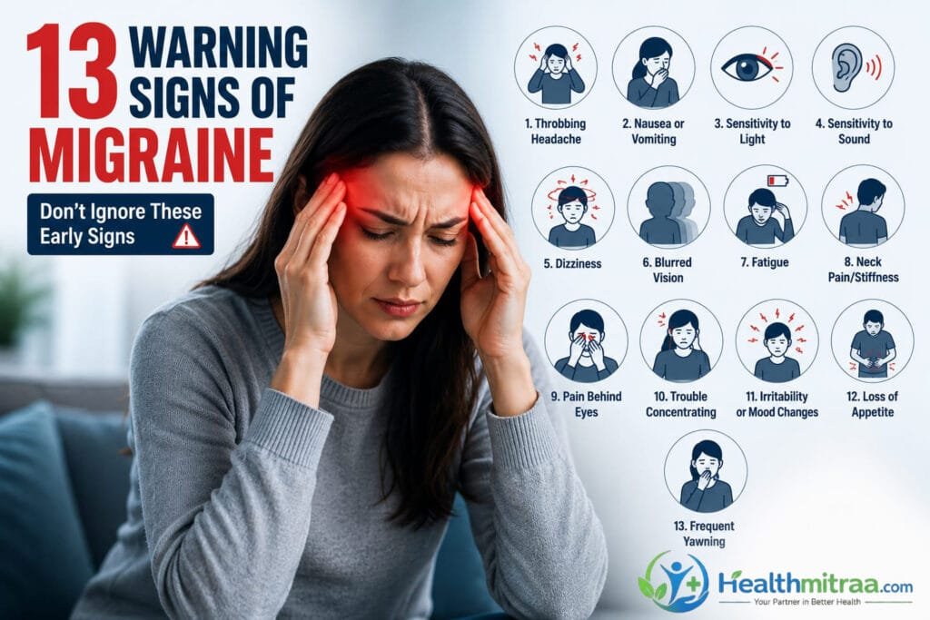 Common warning signs and symptoms of migraine including headache, nausea, dizziness, and light sensitivity.