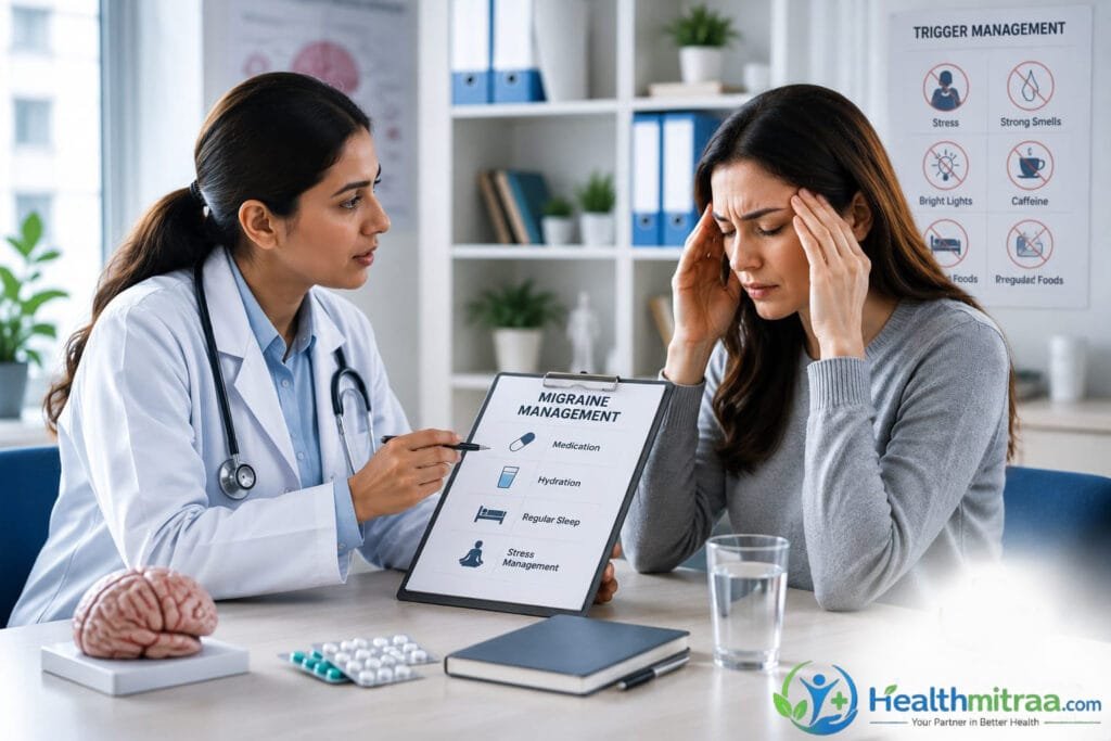 Doctor explaining migraine treatment and prevention strategies to a patient.
