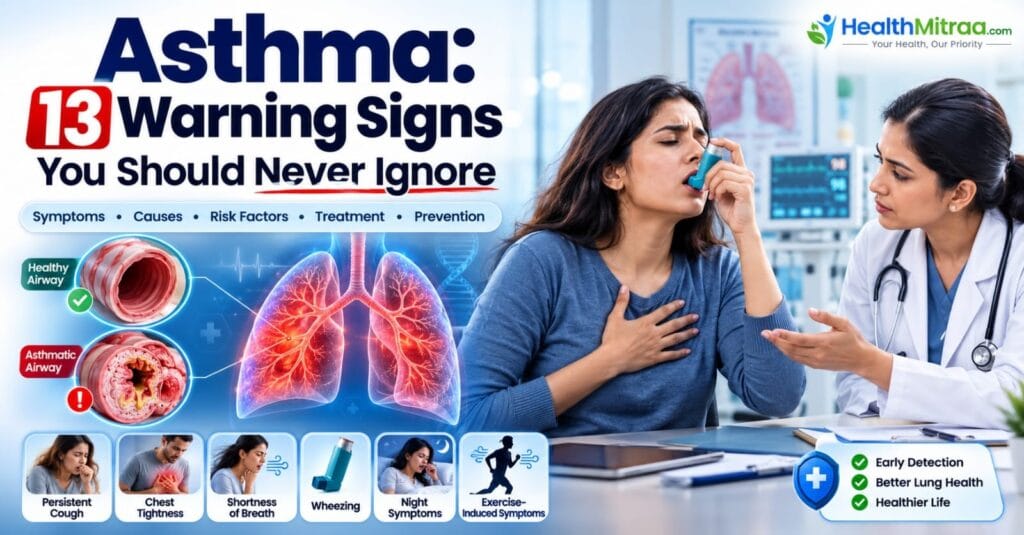 Asthma warning signs showing a patient with breathing difficulty, doctor consultation, and a 3D illustration of inflamed lungs.