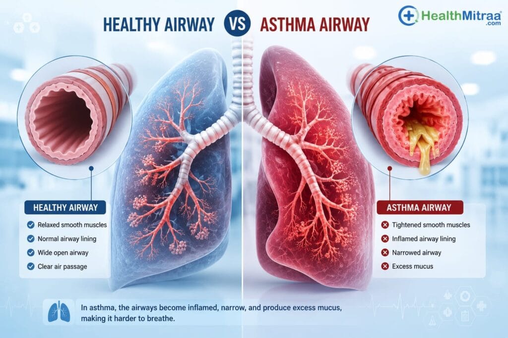 Healthy airway compared with an inflamed asthma airway.
