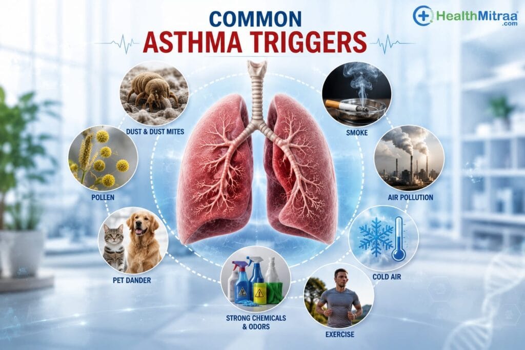 Common asthma triggers including dust, pollen, smoke, and pet dander.