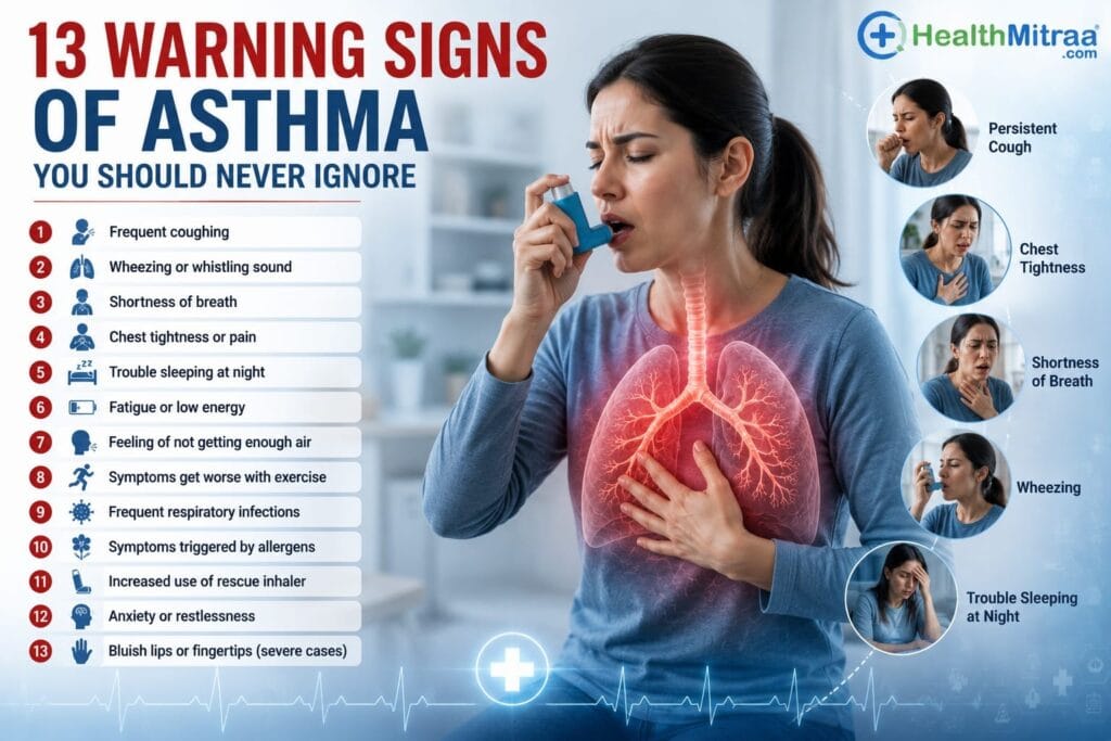 Common warning signs of asthma including coughing, wheezing, and shortness of breath.