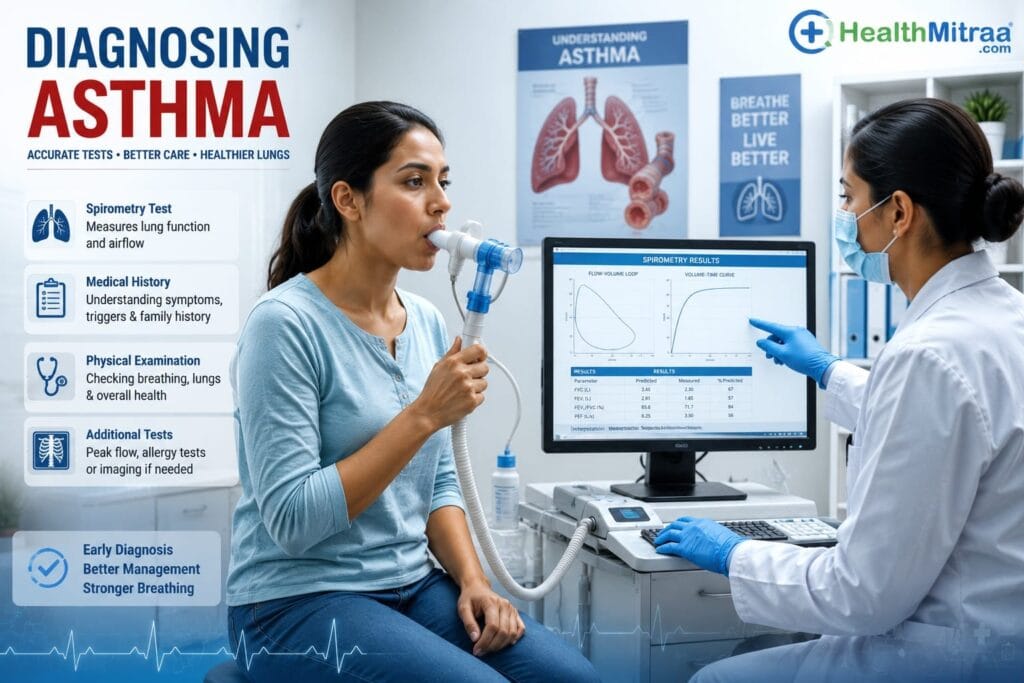 Doctor performing a spirometry lung function test to diagnose asthma.