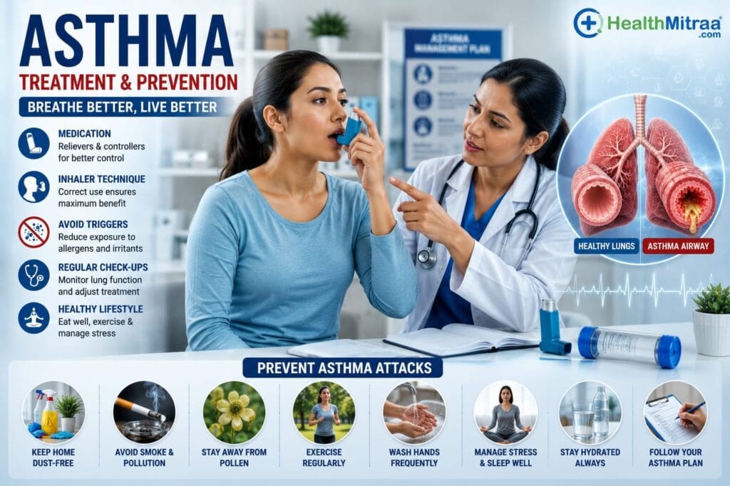 Proper use of an asthma inhaler for treatment and prevention of asthma attacks.