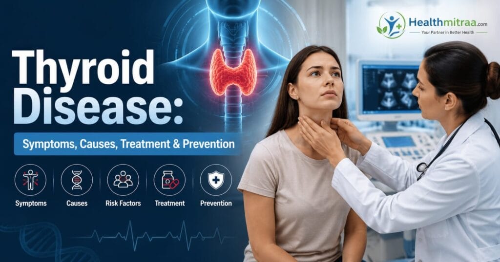 Doctor examining a patient with thyroid disease symptoms alongside a 3D thyroid gland illustration in a modern hospital.