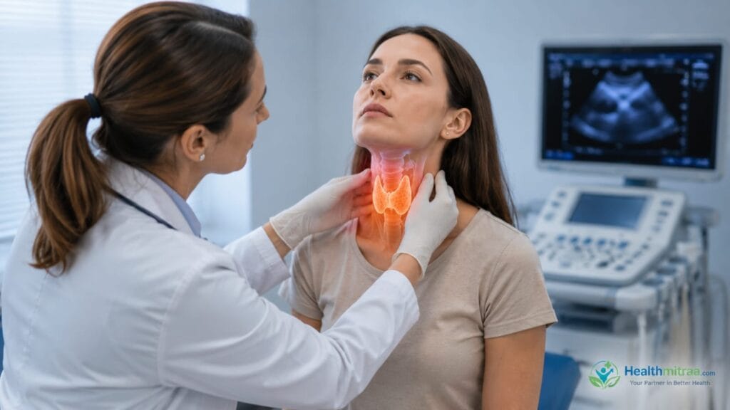 Doctor examining a patient with thyroid disease symptoms during a medical checkup