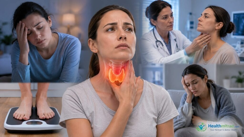 Common symptoms of thyroid disease including neck swelling, fatigue, and weight changes.