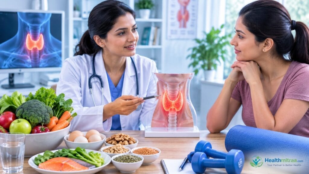 Healthy lifestyle and balanced diet for thyroid disease prevention and thyroid health.