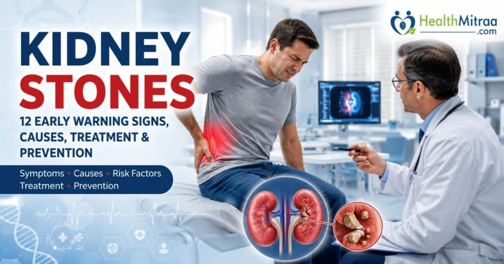 Kidney Stones medical illustration showing severe kidney pain, doctor consultation, kidney anatomy, symptoms, causes, treatment and prevention