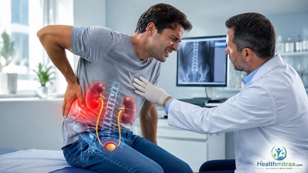 Patient experiencing severe kidney stone pain during a doctor's lower back examination