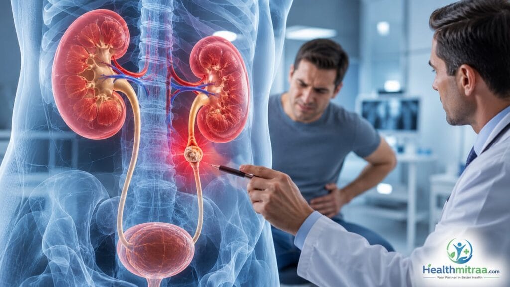3D illustration of a kidney stone blocking the ureter with detailed urinary system anatomy