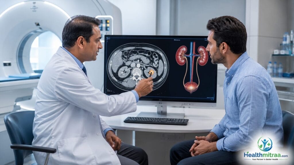 Urologist explaining CT scan results for kidney stone diagnosis to a patient