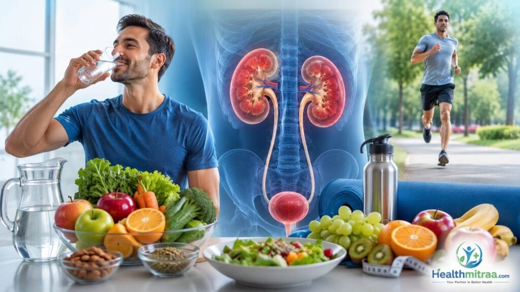 Healthy lifestyle for kidney stone prevention with water, healthy diet, exercise, and kidney health