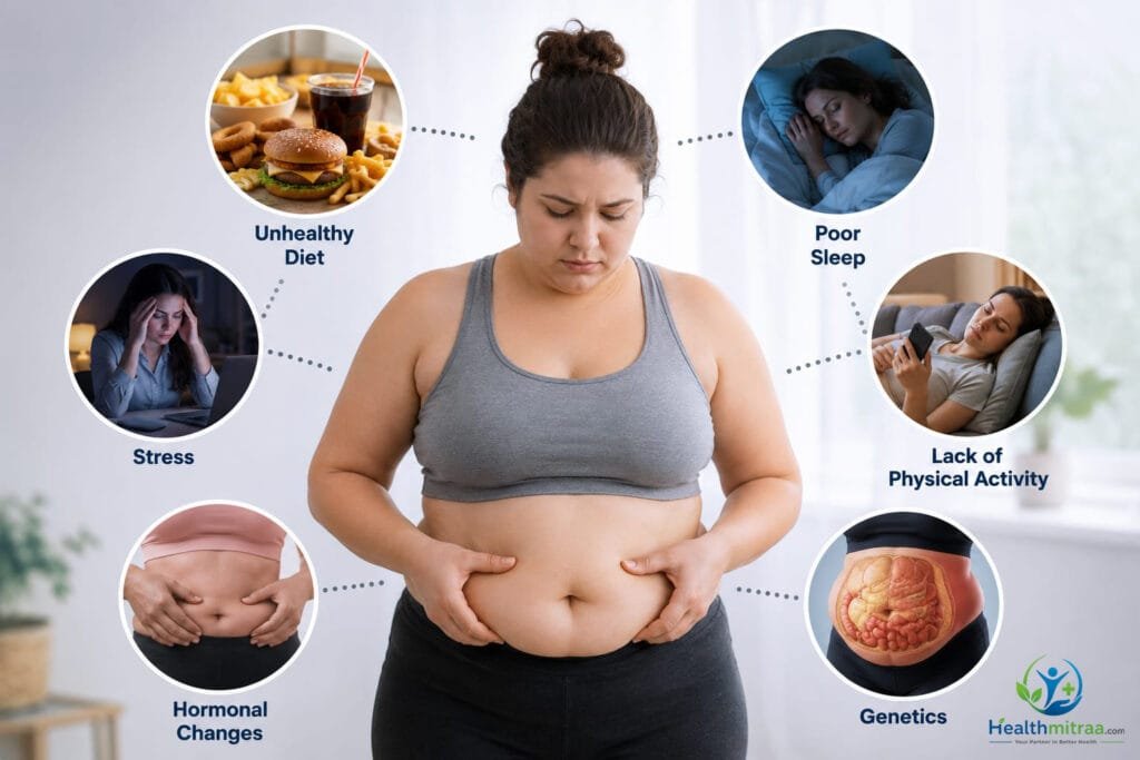 Common causes of belly fat including unhealthy diet, stress, poor sleep, and inactivity