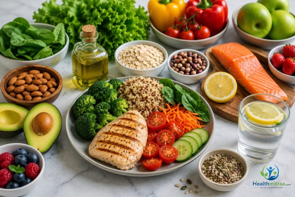Healthy foods that support natural belly fat loss including vegetables, lean protein, fruits, and whole grains