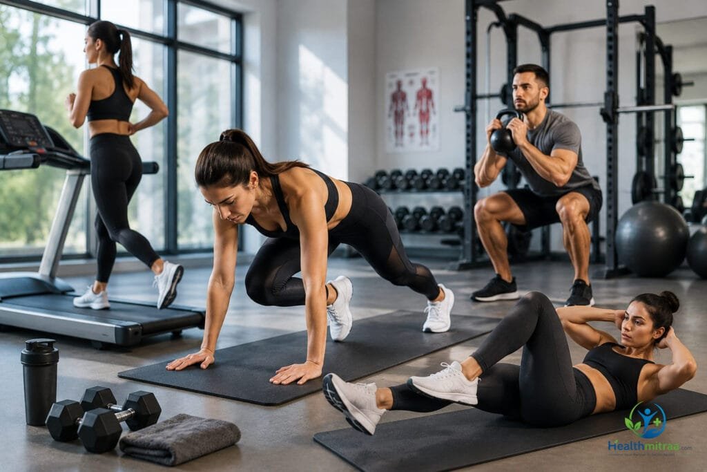 Woman performing cardio and strength training exercises for healthy belly fat reduction