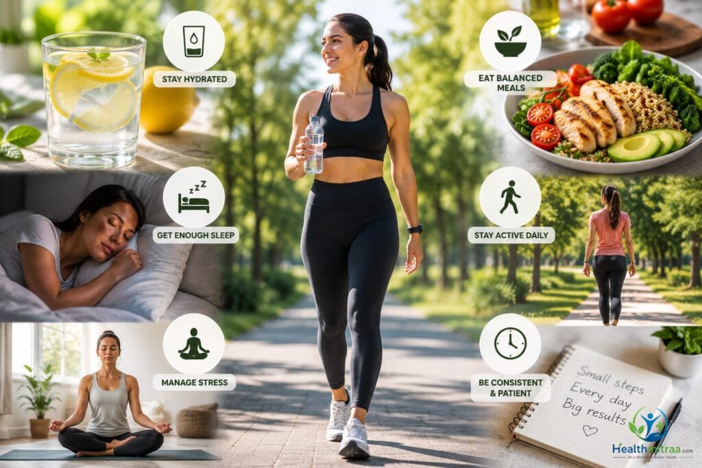Healthy daily habits like hydration, quality sleep, walking, and balanced meals for belly fat loss