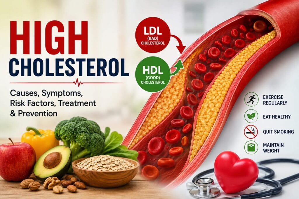 High Cholesterol infographic showing causes, symptoms, risk factors, diagnosis, treatment and prevention
