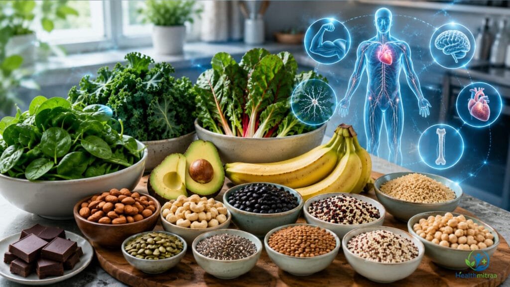 Magnesium-rich foods including spinach, nuts, seeds, beans, avocado, and whole grains.