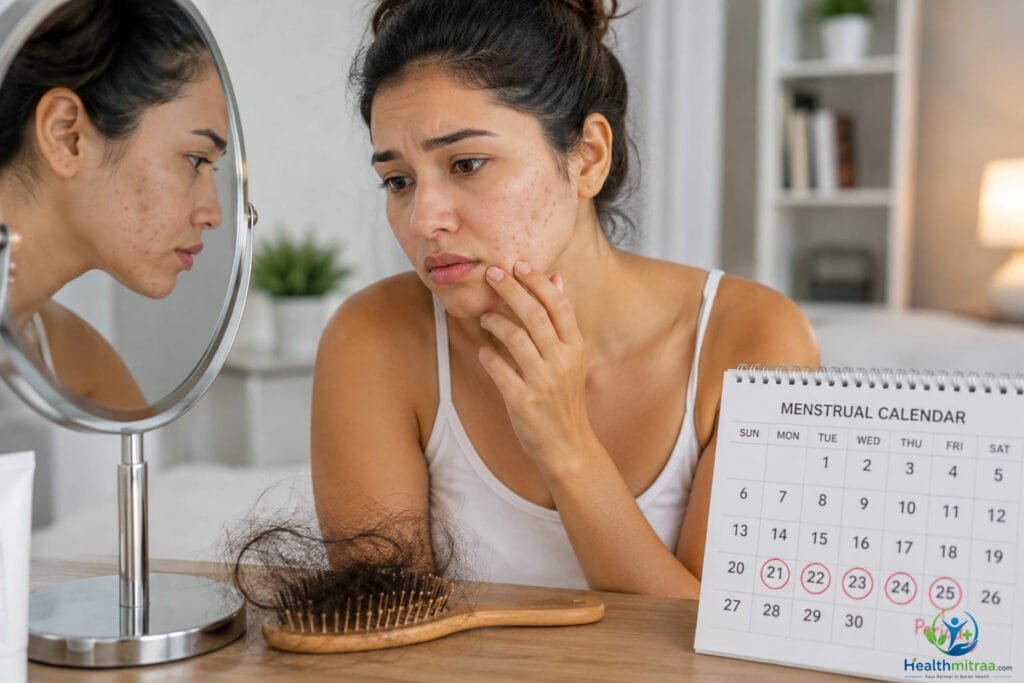 Woman checking acne in mirror with hair loss and irregular periods, common symptoms of PCOS.