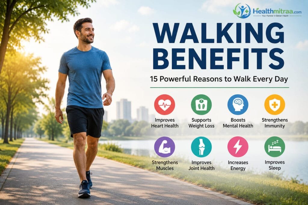 Walking Benefits: Healthy man walking outdoors in a park to improve heart health, fitness, and overall well-being