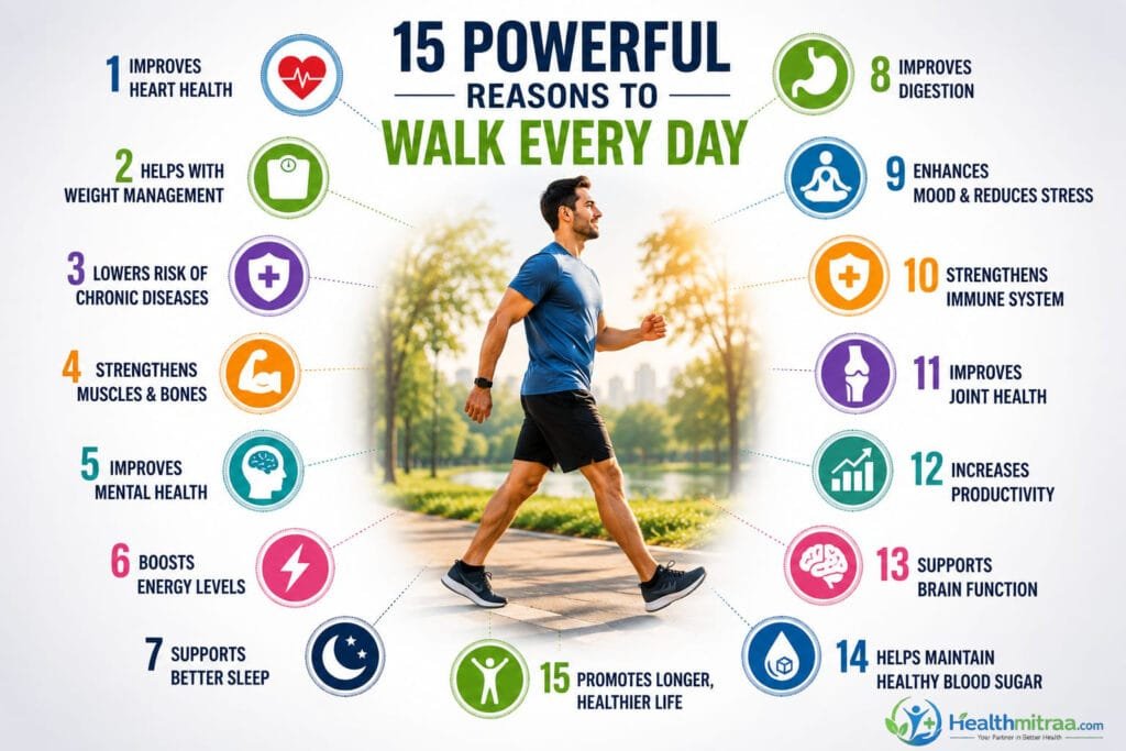 Infographic showing 15 powerful reasons to walk every day, including heart health, weight management, mental well-being, and stronger muscles.