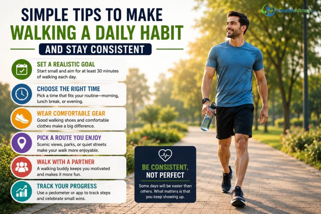 Person walking with comfortable shoes and a water bottle while following simple tips to build a consistent daily walking habit.
