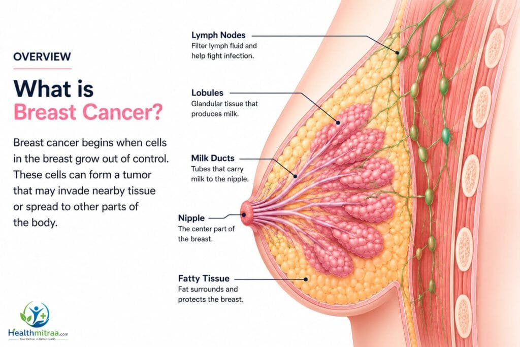 Breast anatomy diagram showing milk ducts, lobules, lymph nodes, nipple, and fatty tissue in a cross-sectional view