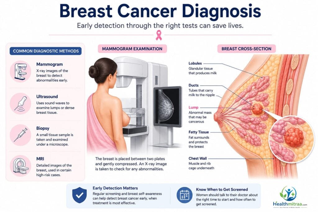 Breast cancer diagnosis infographic showing a mammogram examination, breast cross-section, and common diagnostic tests including ultrasound, biopsy, and MRI