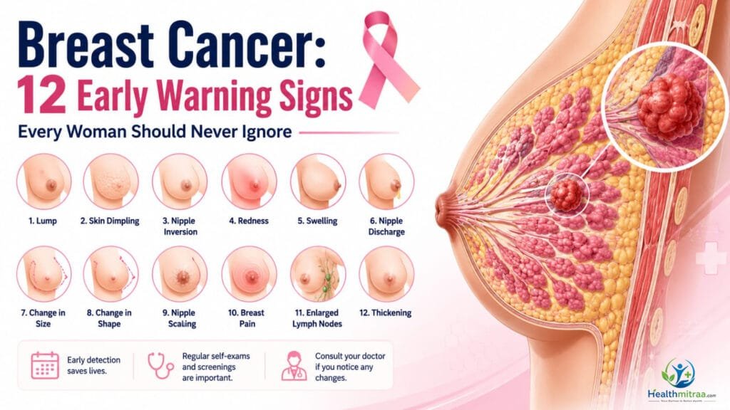Breast Cancer: 12 Early Warning Signs Every Woman Should Never Ignore – medical infographic with breast anatomy illustration